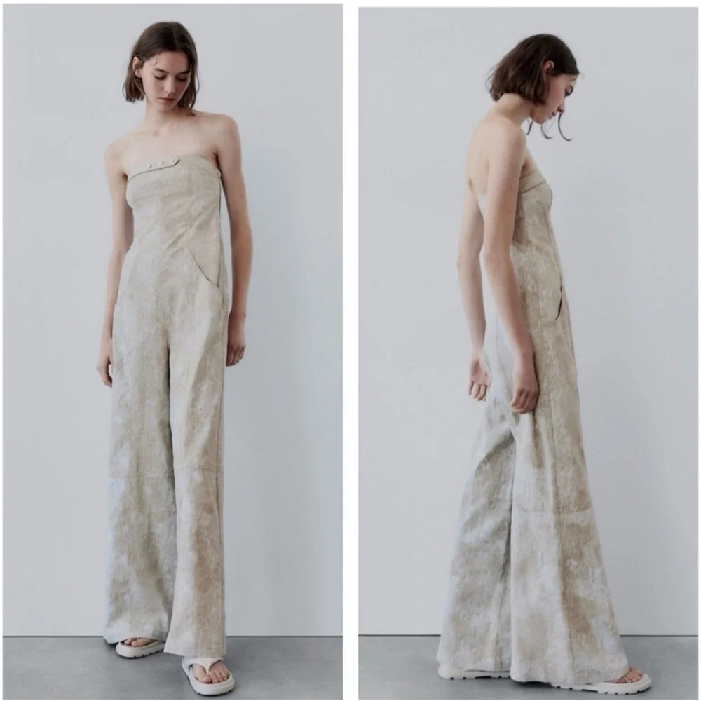 ZARA PRINTED LINEN BLEND Wide Leg JUMPSUIT SIZE M